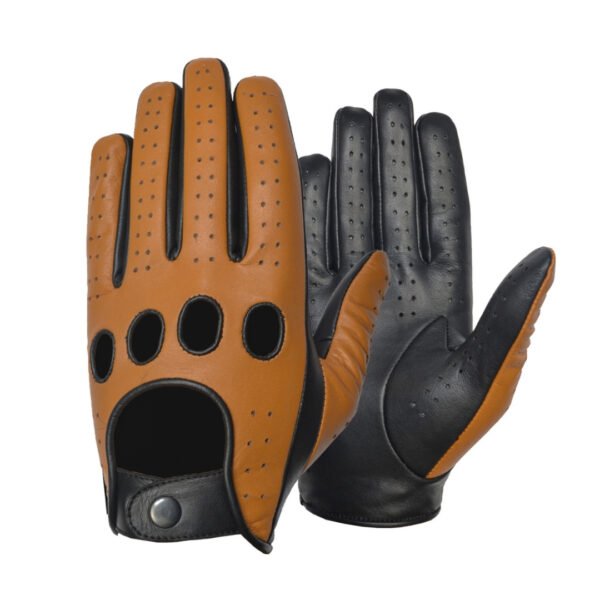 RYINZ Classic Perforated Leather Driving Gloves for Men – Two-Tone Tan & Black, Stylish Knuckle Vent Grip Gloves for All Seasons