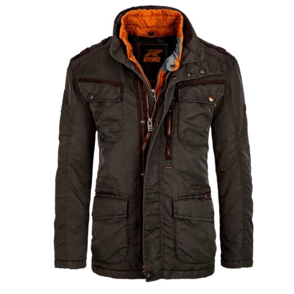 RYINZ Multi-Pocket Military-Style Jacket for Men – Heavy-Duty Outdoor Outerwear with Removable Inner Layer