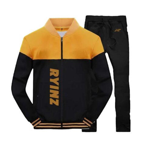 RYINZ Men's Black and Mustard Color Block Tracksuit – Slim Fit Two-Piece Athletic Wear for Sports, Gym & Street Style