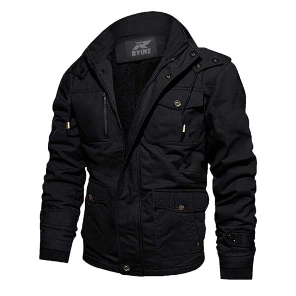 RYINZ Men's All-Black Tactical Field Jacket – Multi-Pocket Windbreaker with Hood for Outdoor, Work & Streetwear