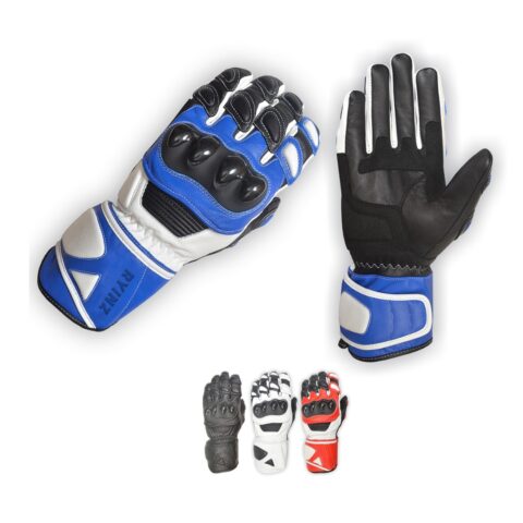 Ryinz Full Leather Motorcycle Racing Gloves – Premium Motorbike Gloves for Men and Women – Hard Knuckle Protection, Racing Performance, Available in Red, Black, White, and Blue