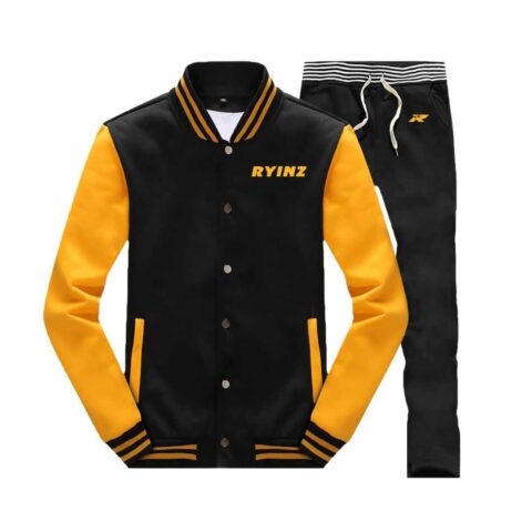 Men's Varsity Style Black and Yellow Tracksuit – Casual Baseball Jacket and Jogger Set – Stylish Athletic Streetwear by RYINZ