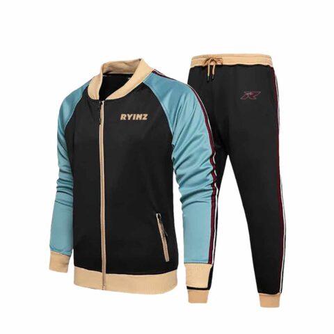 Multicolor Contrast Men’s Tracksuit by RYINZ | Black Zip-Up Jacket & Jogger Set with Beige Trim & Blue Sleeves