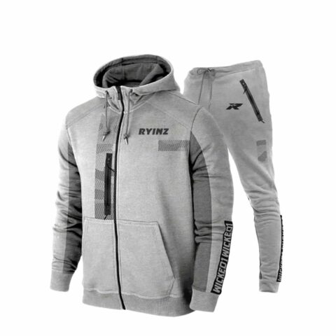 Grey Tactical Hoodie Tracksuit for Men by RYINZ | Graphic Streetwear Jogger Set with Zip Pockets | Custom Wholesale Outfit