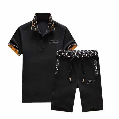Men’s Black Summer Set with Plaid Trim by RYINZ | V-Neck T-Shirt and Shorts Combo | Custom Casualwear for Street & Lounge
