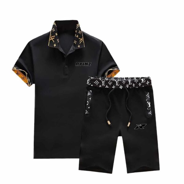Men’s Black Summer Set with Plaid Trim by RYINZ | V-Neck T-Shirt and Shorts Combo | Custom Casualwear for Street & Lounge