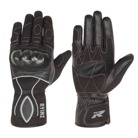 RYINZ Black Riding Gloves for Wholesale & Retail with Carbon Knuckle Armor, Mesh Back & Reinforced Leather Palm