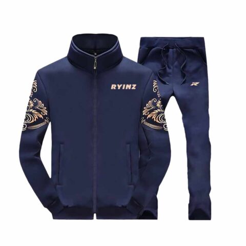 RYINZ Men's Navy Embroidered Tracksuit – Premium Slim Fit Streetwear Two-Piece Sports Set with Gold Pattern Jacket & Joggers