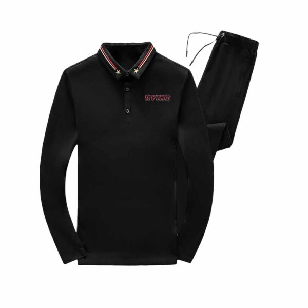 Luxury Black Men’s Polo Collar Tracksuit Set with Embroidered Stars | Premium Casual RYINZ Tracksuit for Sport & Streetwear