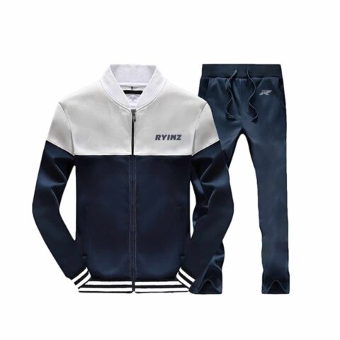 Men’s Retro Navy Blue & White Tracksuit by RYINZ | Two-Tone Zip Jacket & Joggers Set | Custom Athleisure Sportswear Wholesale