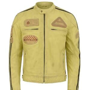 RYINZ Retro Yellow Premium Cowhide Motorradjacke - abnehmbare CE Level 2 Schulter- und Ellbogenprotektoren| 3-in-1 Touring & Casual Wear